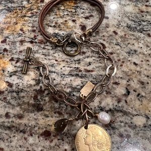 Vintage Leather/Brass chain bracelet with charms Wrap Around